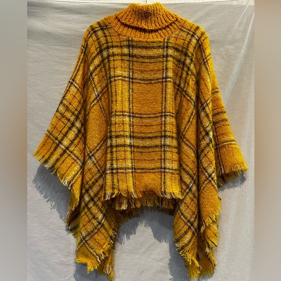 NWOT - Kate & Mallory Yellow Plaid Turtleneck Poncho Sweater - Picture 2 of 5